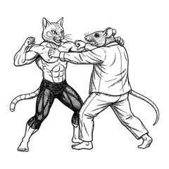 Black and white illustration of a muscular anthropomorphic cat and rat in an intense boxing or MMA-style fight. 