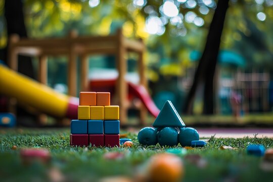 Colorful wooden blocks stacked on grassy playground