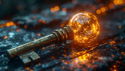 A ultra hyper-realistic, macro shot of a futuristic key with a spinning, glowing sphere in its head.