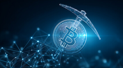 Bitcoin Mining Concept With Digital Pickaxe and Blockchain Background Showcasing Cryptocurrency Technology Advancements