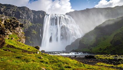 Majestic waterfall cascading down rocky cliffs in a vibrant landscape