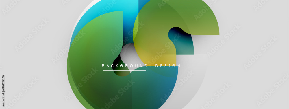Poster abstract shapes overlap, creating dynamic visual effect. green, blue hues dominate neutral backdrop.