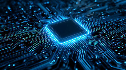 Close up View of a Modern Computer Microchip With Glowing Blue Circuit Board on Dark Background