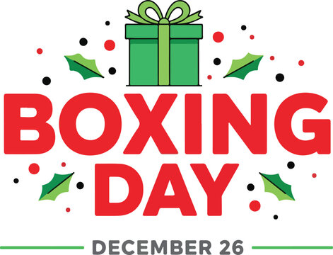 Vibrant boxing day graphic with gift and holly isolated on white background - Powered by Adobe