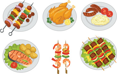 Illustration set of grilled meats, seafood, roasted chicken, sausages, and side dishes on plates