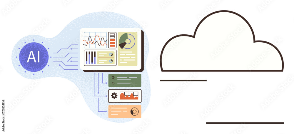 Aufkleber ai processor analyzing data through interconnected charts, graphs, and processes flowing into a clou