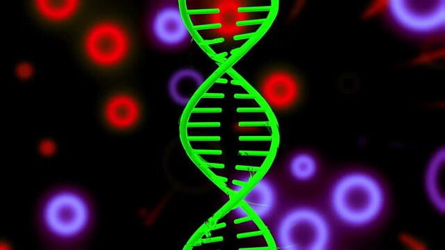 Green DNA swirls against vibrant, striking background. can be used in Party, liveliness, or imagination background. Animation, 3D Render.