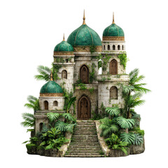 Obraz premium Ancient stone fortress with green domes overgrown with tropical plants and vines on a rocky base