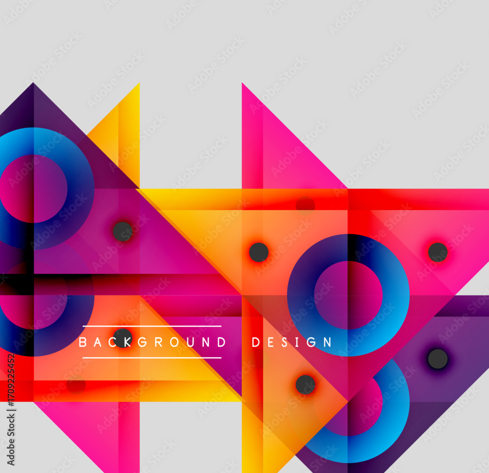 Poster abstract geometric shapes overlap, creating vibrant colorful design. circles, triangles, squares for