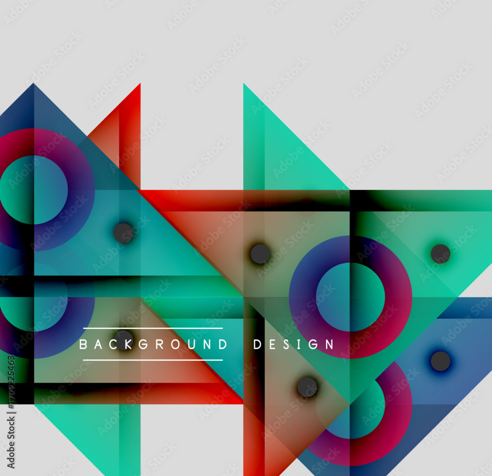 Poster abstract geometric shapes overlap. vibrant colors create modern design. circles, triangles, rectangl