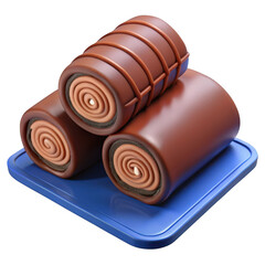 Obraz premium Three delicious chocolate swiss roll cakes stacked on a blue plate isolated on transparent background