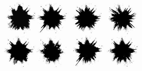 Collection of eight black ink splatters and grunge starburst brush strokes on white background