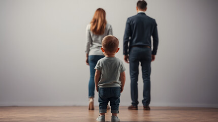 Divorce Tension, A child stands in sorrow as estranged parents face away, embodying the emotional strain of family separation.