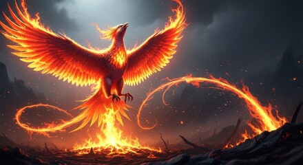 Majestic Phoenix Bird in Fiery Embrace.