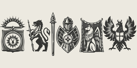 Collection of vintage heraldic symbols featuring a lion griffin knight helmet wolf and eagle crests
