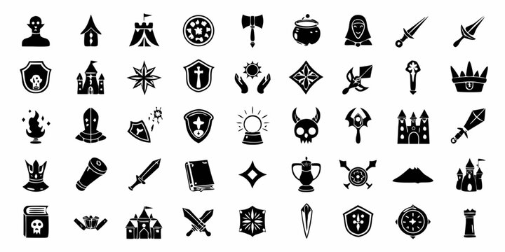 Collection of fantasy game icons including swords shields castles potions skulls and magical items