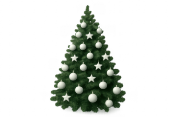 Christmas tree decorated with white ornaments on transparent background