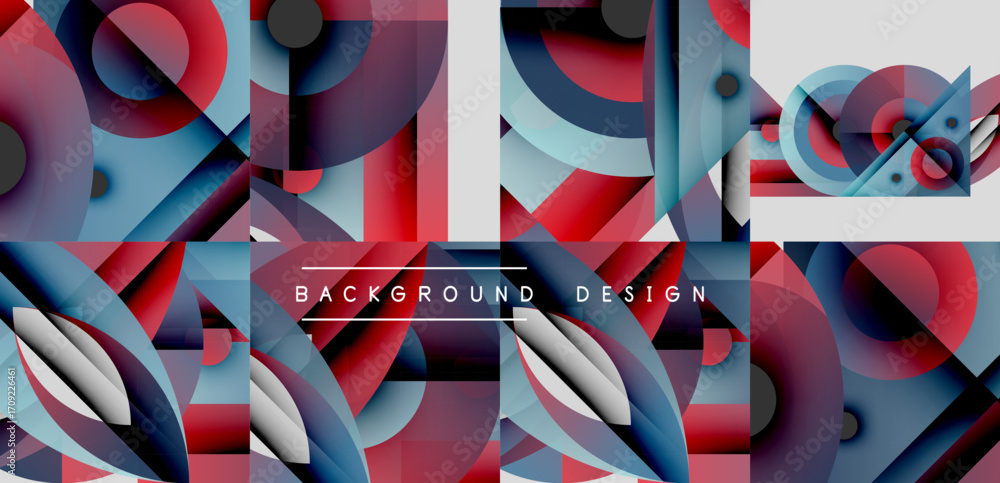 Poster abstract geometric shapes overlap, creating vibrant red, blue, gray patterns. modern design elements