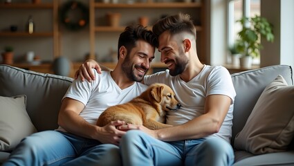 A tender and loving scene of a gay couple bonding over their shared love for their pet. The scene is peaceful, emphasizing the emotional connection between the couple and their animal companion.