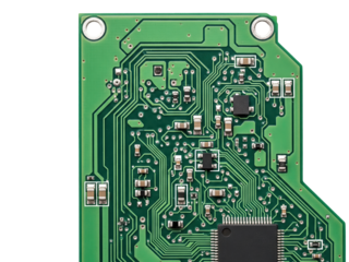 Detailed electronic circuit board with green pathways and components isolated on a transparent background