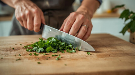 A close-up shot shows a person's hands chopping fresh green herbs on a wooden cutting board with a large chef's knife.