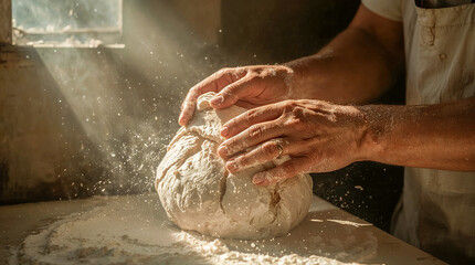 A baker's hands knead dough, dusted with flour, illuminated by dramatic sunbeams streaming through a window, creating a warm, artisanal atmosphere.