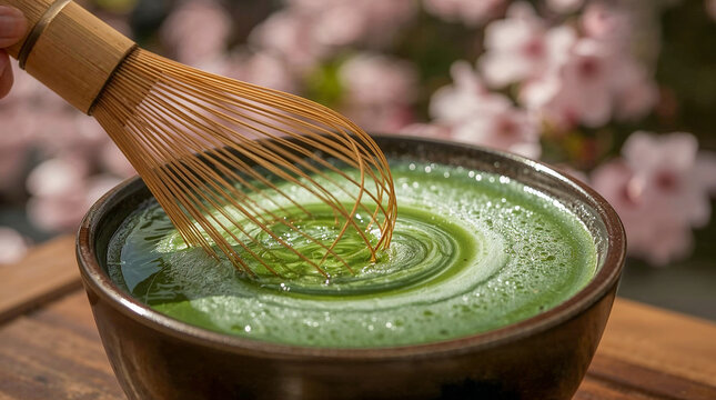 A bamboo whisk swirls vibrant green matcha tea in a dark bowl, creating a frothy pattern. Soft pink blossoms are blurred in the background. - Powered by Adobe