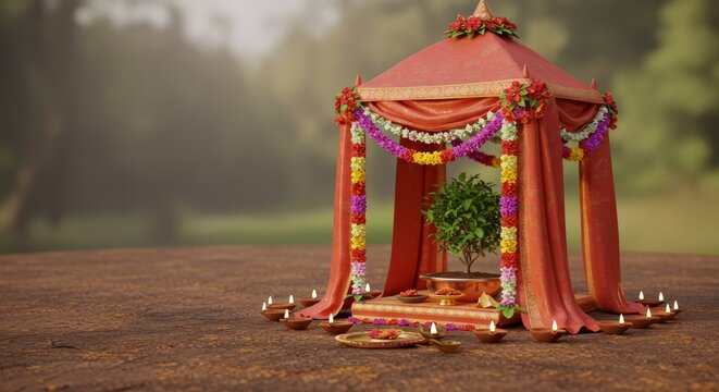 Tulsi mandap canopy, small decorated canopy placed above Tulsi plant shrine, draped in silk cloth and flowers
