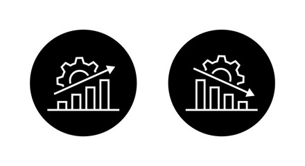 Growth and decline bar chart icon with gear. Business productivity, performance, success, and failure symbol in black circle