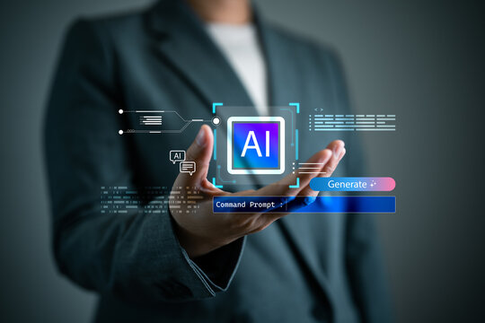 Businessperson presenting AI interface with command prompt. Artificial intelligence development, prompt engineering, machine learning automation and futuristic human-AI collaboration concept.