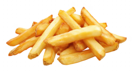 Golden crispy french fries isolated against a solid background for commercial use transparent