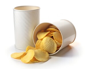 Crispy Potato Chips Overflowing from a White Cylinder Container on White Background