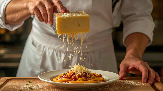 A chef is grating cheese over a plate of pasta. The cheese is falling in long strands onto the dish. - Powered by Adobe