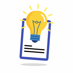 glowing light bulb on a clipboard document, symbolizing creativity, new ideas, innovation, knowledge, and brainstorming.