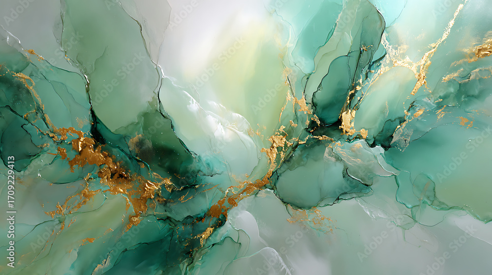 Poster create a sense of calm and movement using soft green and dynamic golden elements