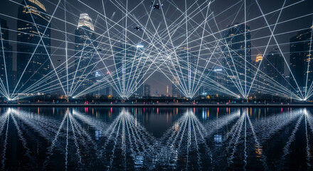 city night, 6G, light beams — a low river-level wide shot of a metropolitan skyline at night where pencil-thin 6G light beams weave a geometric lattice above the towers.