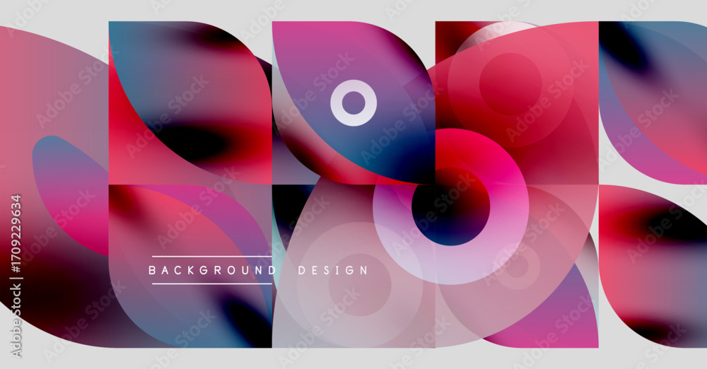 Poster abstract colorful shapes overlap, creating dynamic visual texture. pink, blue, red hues dominate com