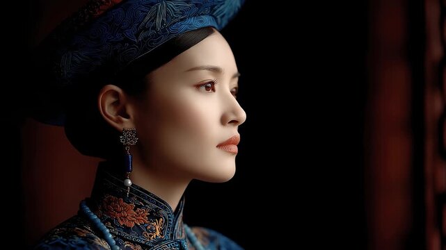 Classical Cheongsam Woman Gazing Sideways Reveals Eastern Charm