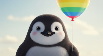 Cute cartoon penguin with rainbow balloon