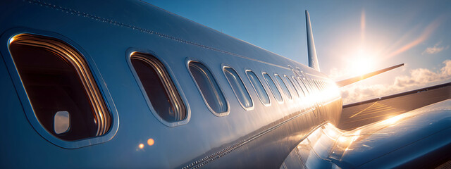 Banner of Stunning Airplane Wing with Sunset Glow Reflecting on Aircraft Surface in Clear Sky