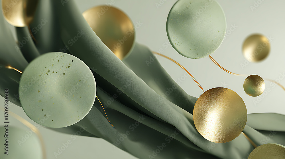 Poster create a sense of calm and movement using soft green and dynamic golden elements