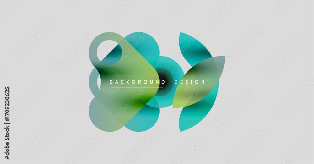 Poster abstract shapes overlap, creating vibrant teal hues. minimalist design with text elements. clean bac