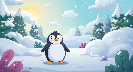 Cute penguin in snowy landscape