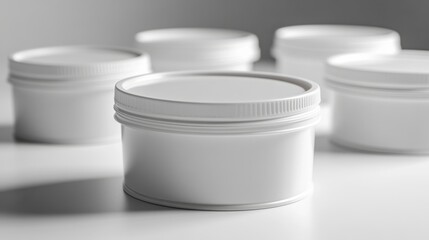 Clean white cosmetic jars arranged elegantly for product branding or packaging mockups showcasing minimalist design