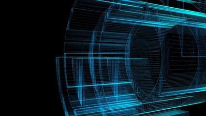 Futuristic Digital Abstract with Blue Geometric Lines and Shapes on Black Background