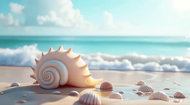 A serene seaside scene with a seashell on the sandy shore and turquoise waves rolling in 4K video