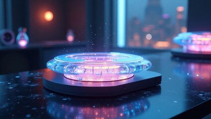 A futuristic, glowing, circular device rests on a dark surface, bathed in vibrant blue and pink light.
