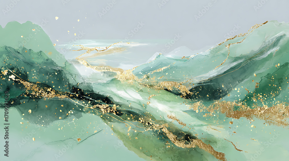Poster create a sense of calm and movement using soft green and dynamic golden elements