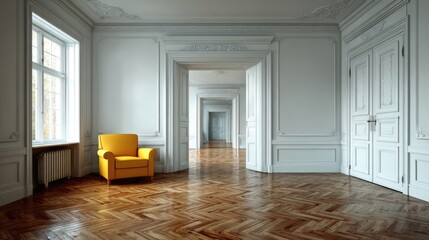 Fototapeta premium Empty, grand room with yellow chair