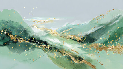 Create a sense of calm and movement using soft green and dynamic golden elements
